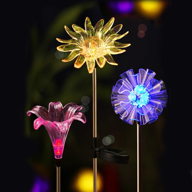 

LED Color Changing Solar Stake Lights Outdoor Garden Decor Statues Flower Dandelion/Lily/Sunflower Patio Multicolor Changing LED