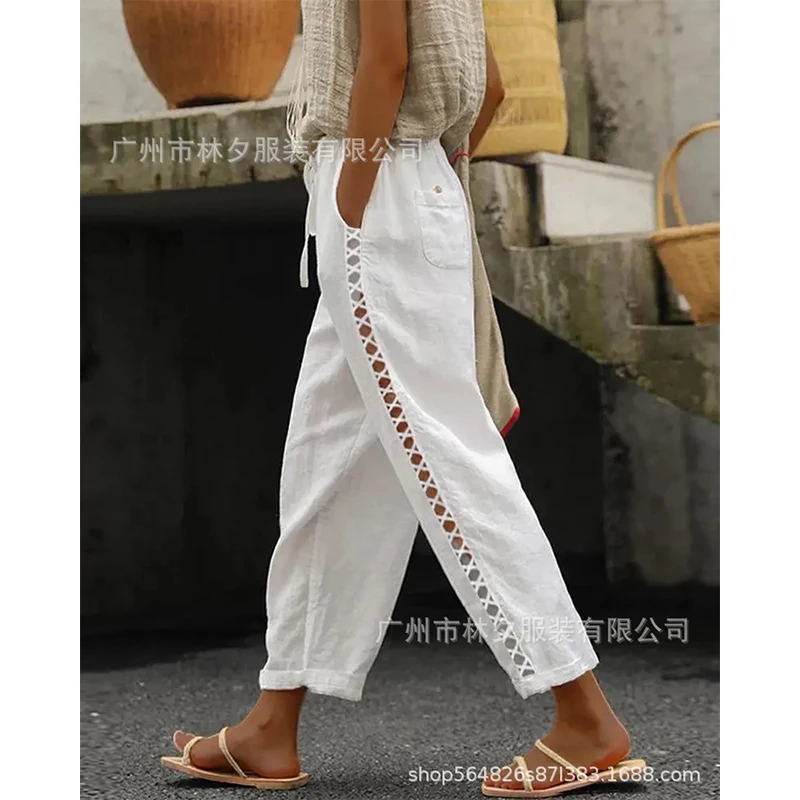 2023 Spring/Summer New Leisure Lace Spliced Pants for Women Solid Long Womens Pant