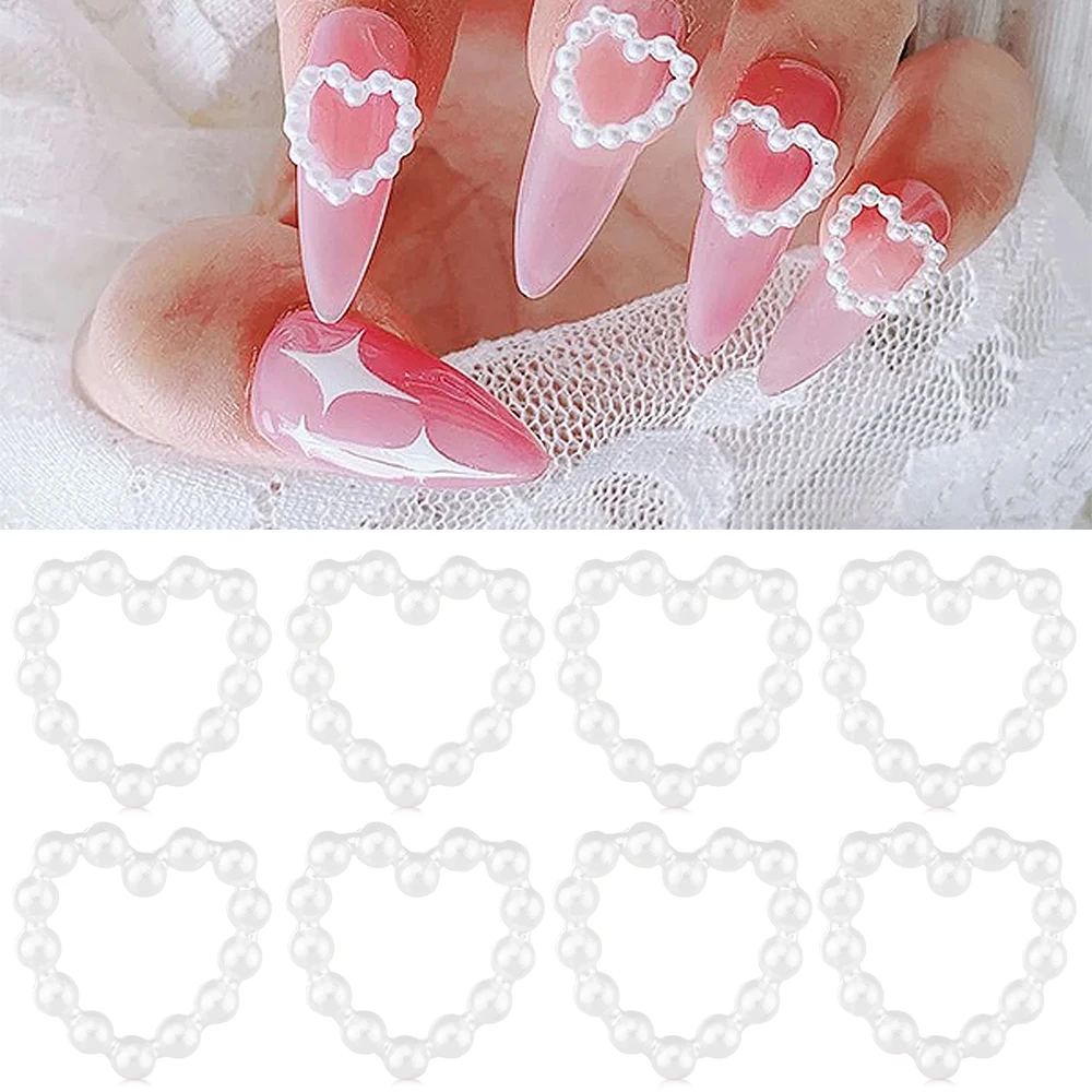 

100pcs Heart Pearl Nail Art Charms 3D Hollow Heart Pearl Nail Rhinestones Gradient Colorful Flatback Nail Decoration Jewelry