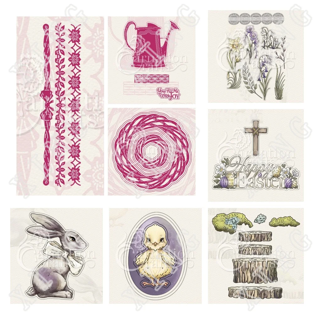 

2022 Natural Spring Easter Celebration Bunny Wreath Hatchling Strings Blooms Cutting Dies Diy Paper Cards Decor Embossing Molds