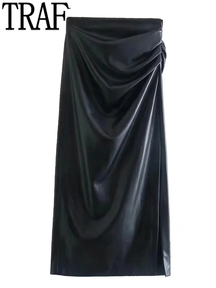 

Юбка-миди женская из искусственной кожи с рюшами и высокой талией