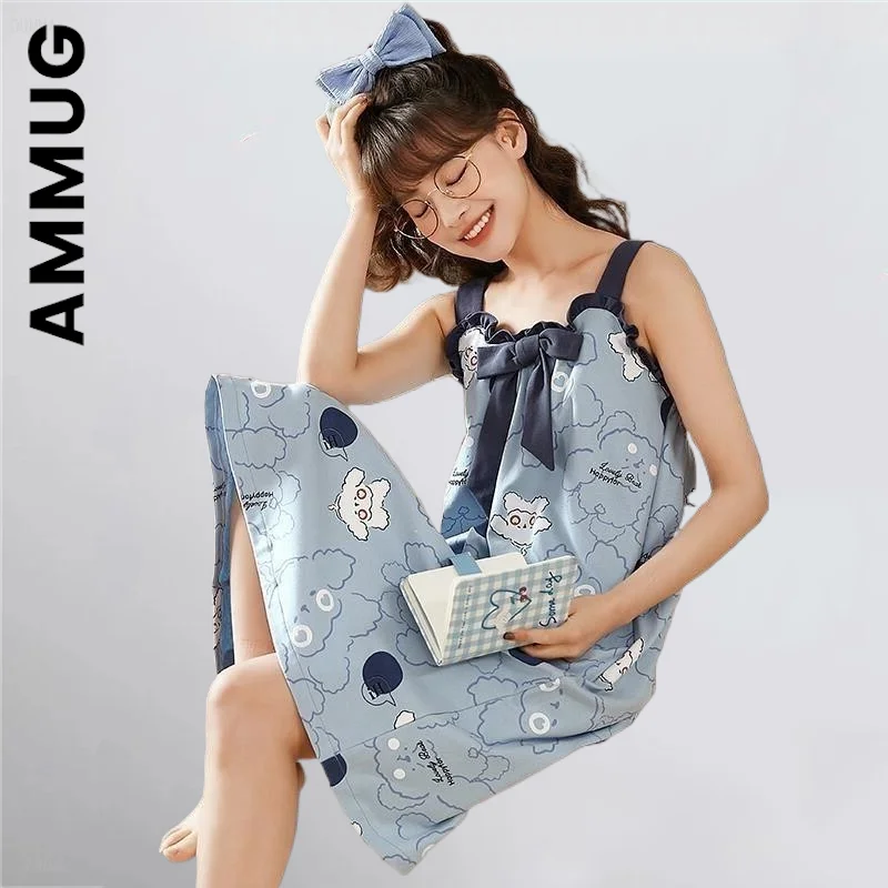 

Ammug модные пижамы для женщин на тонких бретельках с бантом Декор хлопковые ночные рубашки Милая одежда домашний костюм для женщин