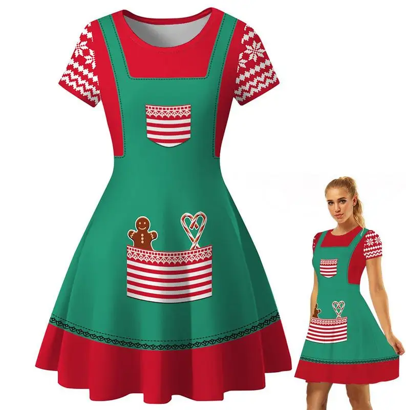

Ugly Christmas Dresses Red And Green A-line Christmas Dresses Short Sleeve Unique Mid Length Flared Dress For Christmas