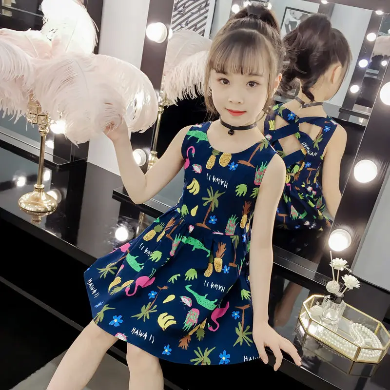

Летние праздничные платья для девочек, детские хлопковые платья без рукавов с принтом и коротким рукавом, в Корейском стиле, с открытой спиной для принцесс, для детей от 3 до 12 лет