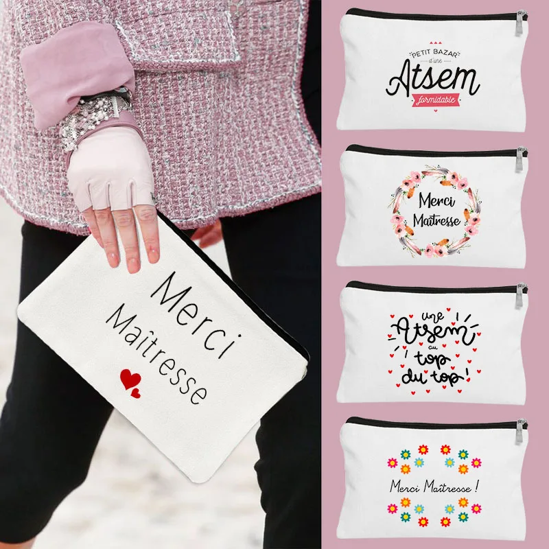 

Teacher's Day Gift Thank You Mistress Print Women Canvas Cosmetic Bag Teacher Clutch Bag Makeup Pouch Zipper Lipstick Storage