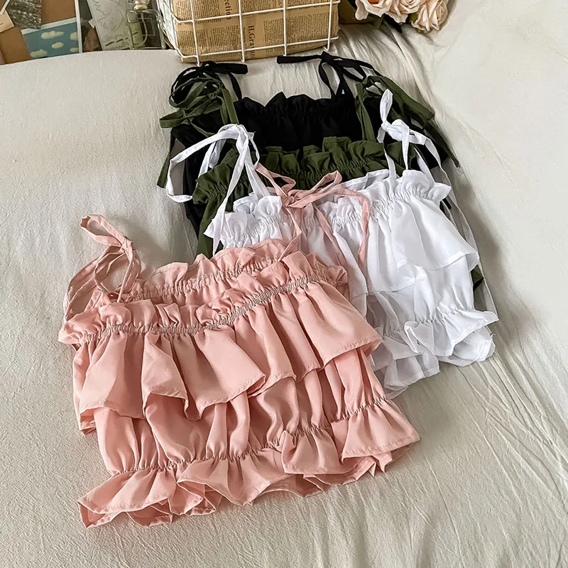 

Spaghetti Strap Tank Camis For Women Summer Drawstring Sleeveless Cake Lace Corset Crop Tops Woman Tanks Camisoles Dropshipping