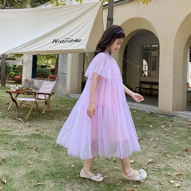 Фото Новинка лета 2022, Сетчатое платье принцессы для девочек, детская одежда в Корейском стиле, модное милое детское платье, #6924 №5