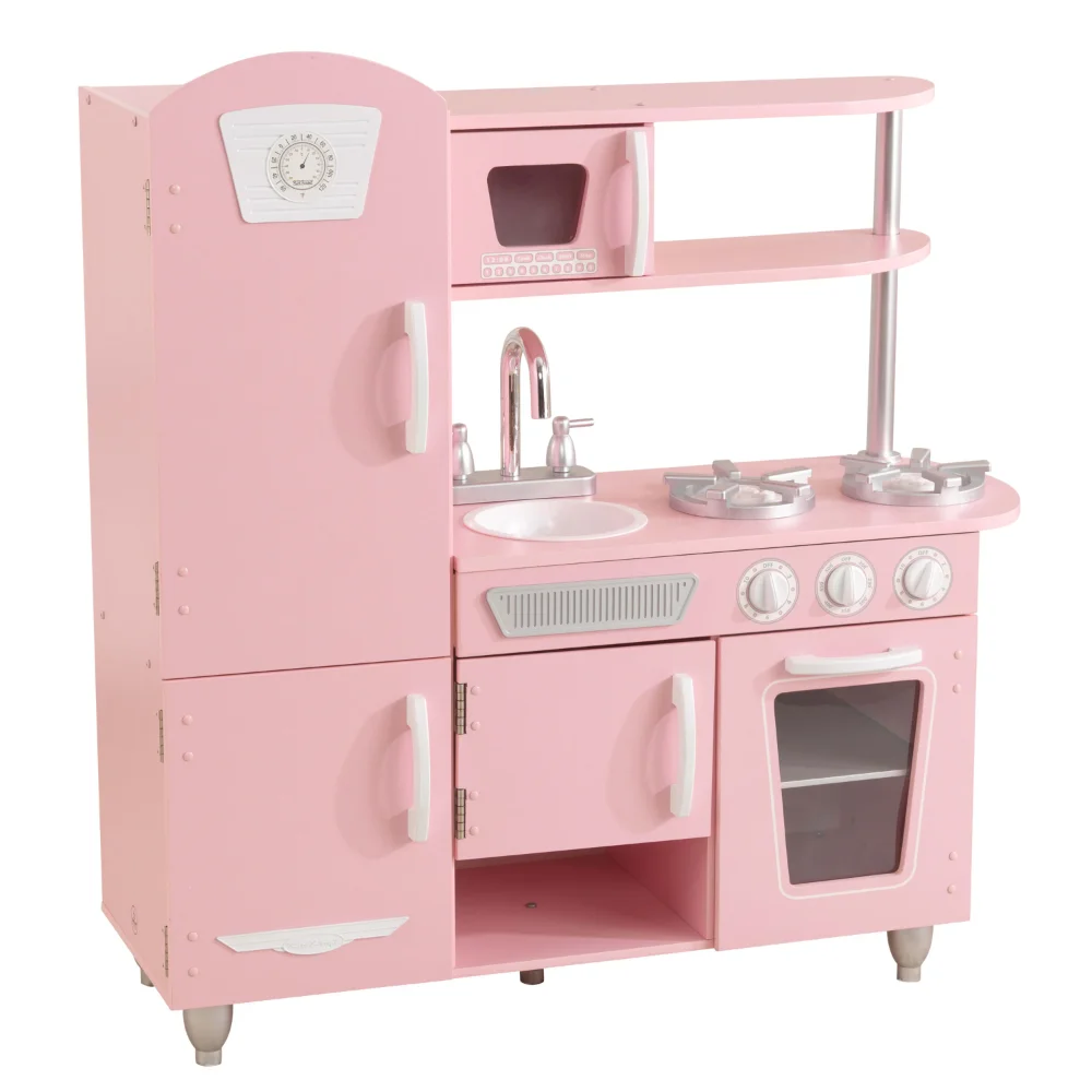 

Vintage Wooden Play Kitchen with Working Knobs, Pink