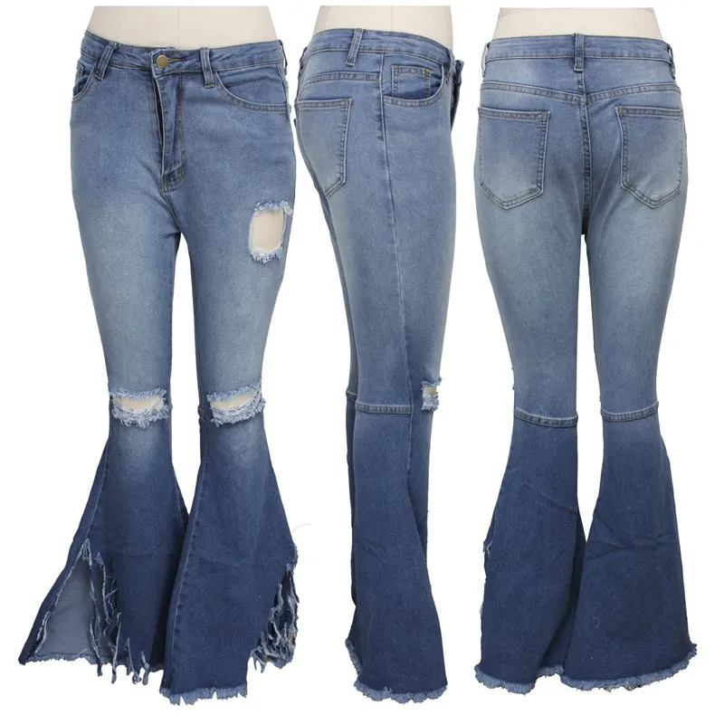 2021 Vintage Skinny Flared Denim Pants Women Streetwear Solid Cut Out Hole Ripped Jeans High Waist Tassels Plus Size Trousers