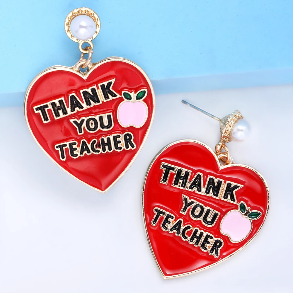 

New Alloy Drip Oil Red Heart-shaped Pendant Earrings For Women Trendy Statement Jewelry Inlaid Pearl Earrings Teacher's Day Gift