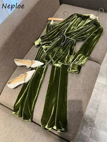 Neploe Элегантные топы с v-образным вырезом на шнуровке в гонконгском стиле Бархатные офисные брюки с небольшим ароматом Широкие брюки Изысканные костюмы Брюки