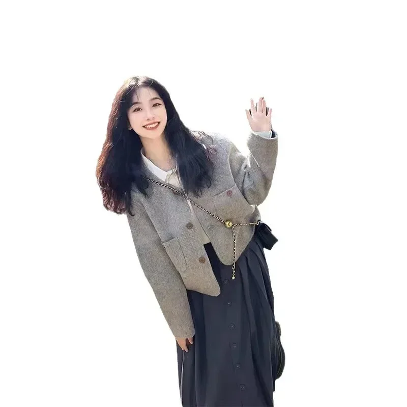 Серая маленькая Очаровательная шерстяная куртка Женская Новинка Осень-зима 2023