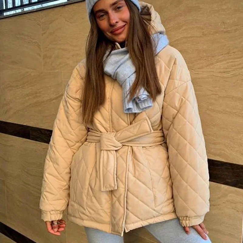 2021 New Fashion Autumn and Winter Women's Hooded Cotton Jacket Warm Solid Color Long-sleeved Jacket Women's Tie Down Cotton Top