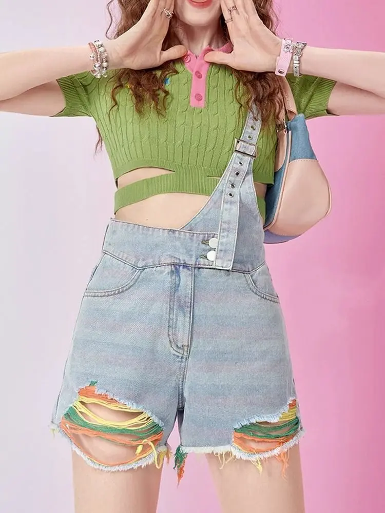 American Sweet and Sexy Girls' One Shoulder Strap Pants 2023 Summer New Raw Edge Design High Waist Shorts with Perforated Jeans