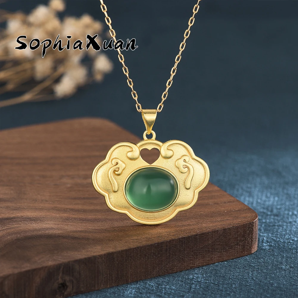 

SophiaXuan Gilded Inlaid Natural Agate Metal Necklaces Woman Gold Color Chain Safety Lock Pendant Necklace Jewelry Lucky Amulet