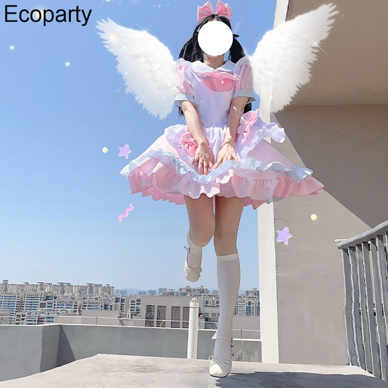 

New Japanese Kawaii Lolita Dress For Women Anime Cute Coffee Shop Maid Cosplay Costume Pink O-Neck Long Sleeves Cupcake Dress