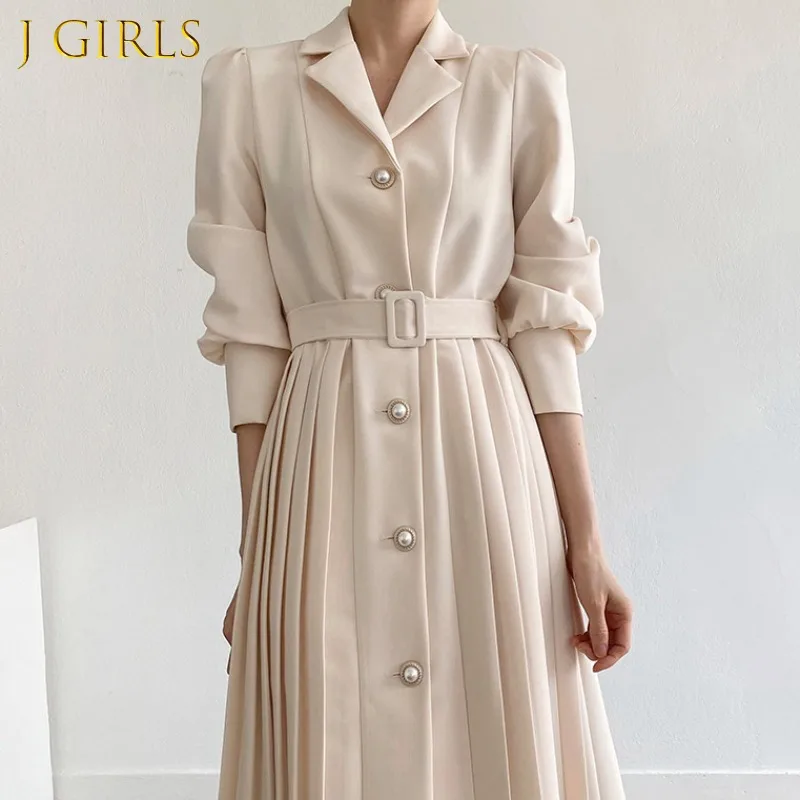

Long Sleeve Vintage Woman Dress Party Notched Collar Solid Spring Luxury Elegant Autumn High Waist A-Line 2022 Dresses for Women