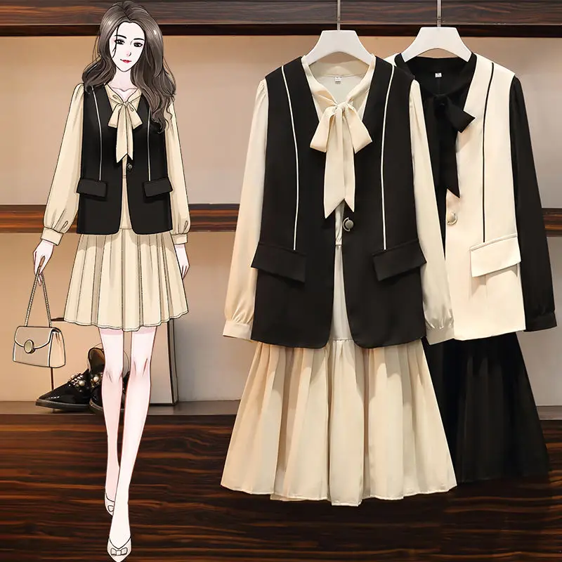 

Dress Suit Spring and Autumn Women Outfits 2022 New Fashion Casual Vest and High Waist Shirt Pleated Dresses Two-piece Sets E341