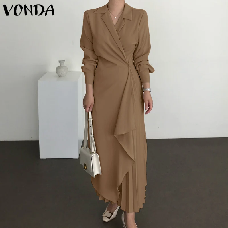 

VONDA 2022 Spring Women VNeck High Waist Dress Femme Irregular Hem Sundress Long Sleeve Lapel Collar Pleated Solid Shirt Vestido