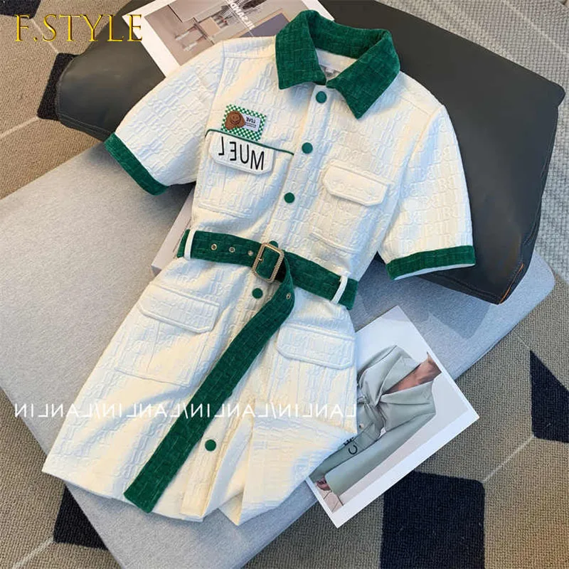 

F GIRLS Elegant Casual Turn-Down Collar Short Sleeve OL Dresses For Women England Style Designer Polo Dresses Office Lady 2022