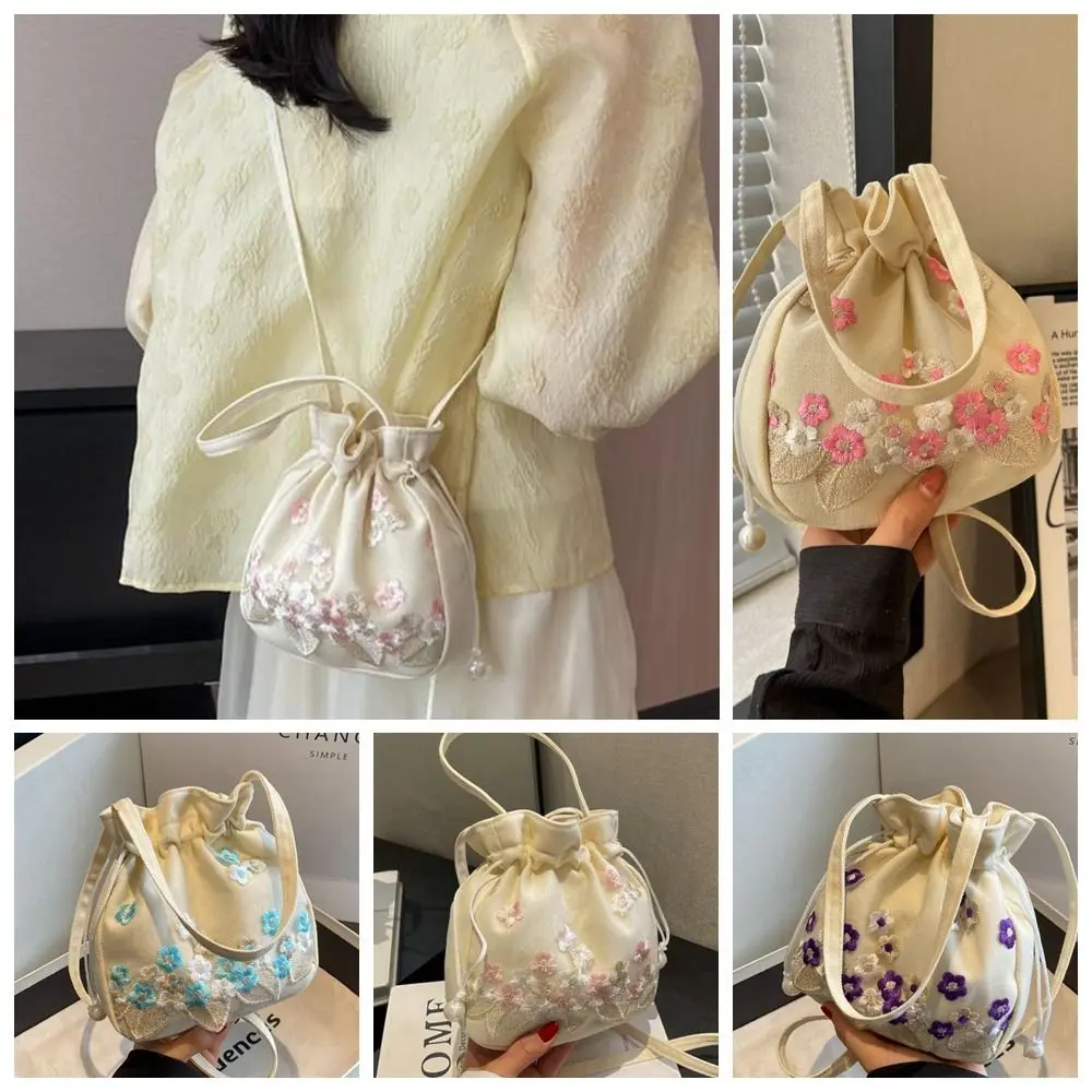 

Chinese Hanfu Drawstring Bag Ethnic Style Crossbody Bag Floral Bucket Bag Ancient Style Purse Embroidery Flower Handbag Daily