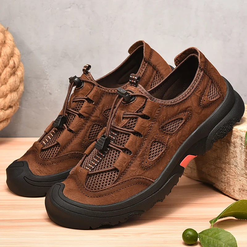 HIKEUP Handmade Leather Casual Men Shoes Design Sneakers Comfortable Classic Men's casual shoes Famous Brand High Quality