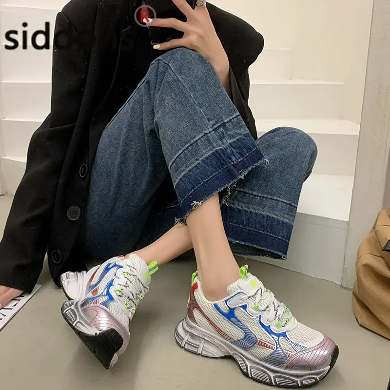 Fashion Breathable Mesh Comfortable Women's Vulcanized Shoes Summer Women's Platform Lace-up Sneakers Running Shoes