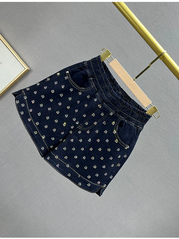 Embedding Rhinestone High Waist Denim Shorts 2023 Summer Elastic Waist Loose Wide Leg Short Pants Booty Shorts Women Jeans