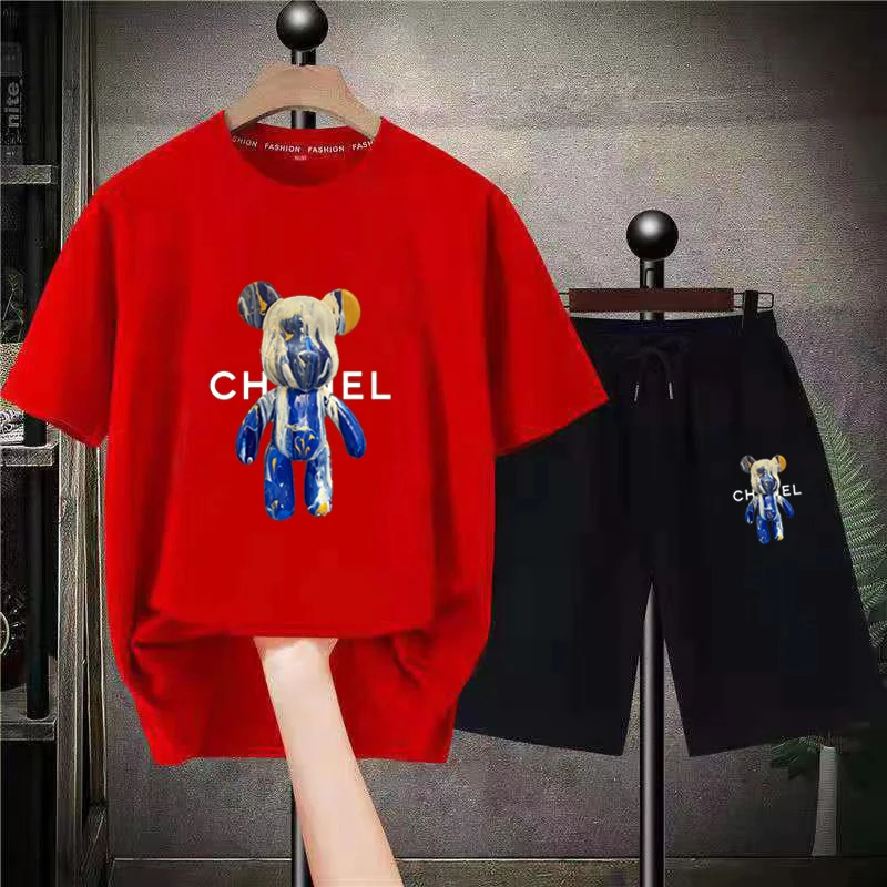 2023 New Summer Men T Shirts Suit Fluid Bear Letter Print Shorts Sets 2 Piece Outfits Sets  Cotton High Quality Free Shipping