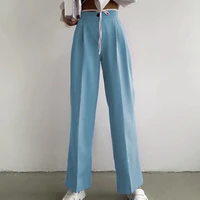 women pants high waist straight leg button zip fly solid color everyday wear breathable elastic waist trousers suit pants for wo