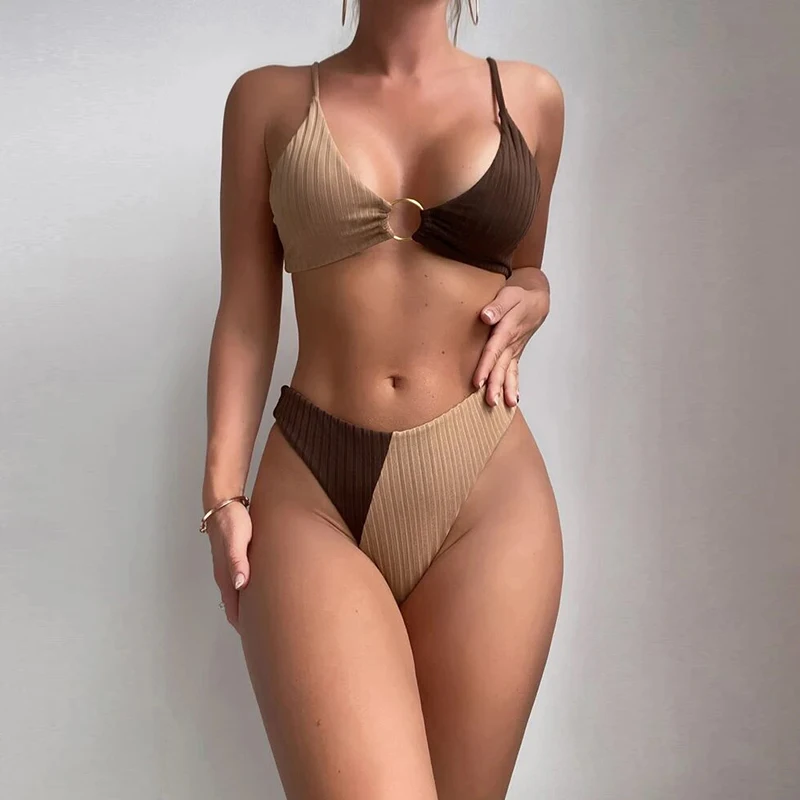 

Lady Contrasting Colors V Neck Swimwear Set Sexy Hollow Out Low Collar Backless Holiday Bikini Two Piece Push Up Sling Beachwear