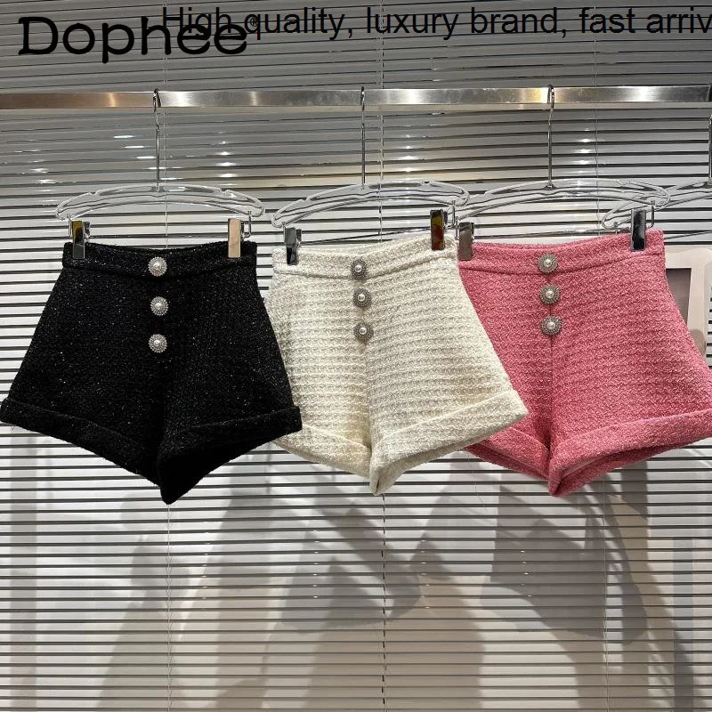 

Buckle Socialite Pearl Tweed Women's High Waist Slimming Black Casual Woolen Shorts 2023 Winter New Short Boot Pants Tide