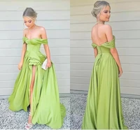 green sexy off the shoulder evening dresses elegant satin high slit formal party prom gown a line lace up back robe de mari%c3%a9e