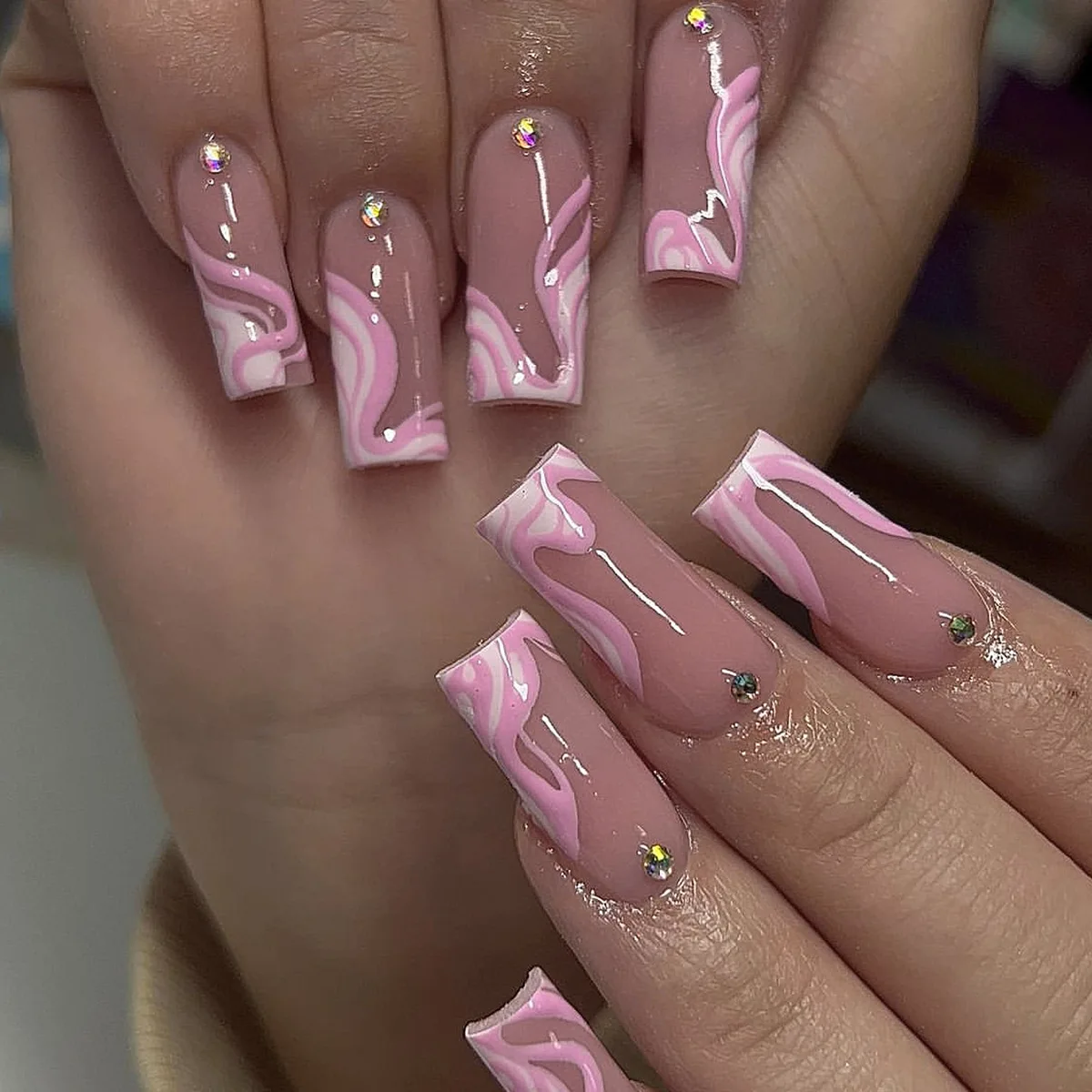 

24pcs Light Pink Long T Ballet Nails Sticker Irregular Waves Rhinestone False Nails Artificial Nails Full Cover Wearable