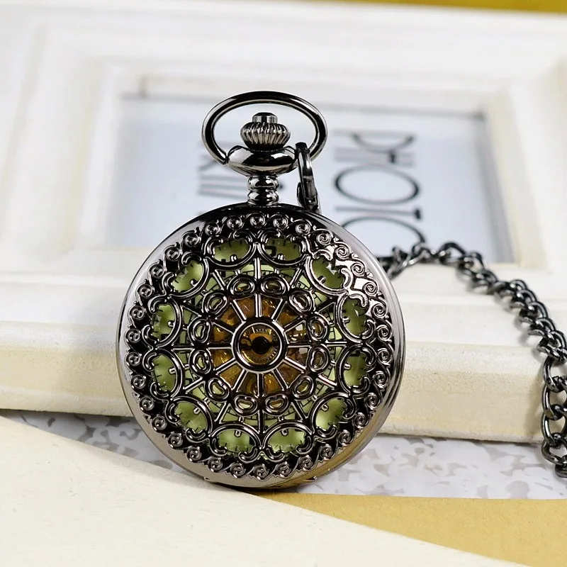 Luxury Mechanical Vintage Black Hollow Flower Pocket Watch for Men Women Man Skeleton Roman Numeral Dial Fob Chain Pendant Clock
