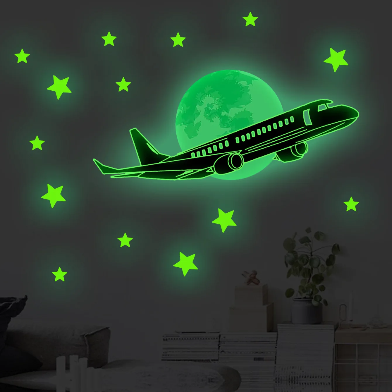 

Aircraft Stars in The Night Sky Glow Wallpaper Blue Green Fluorescent Stickers Bedroom Children's Room Decorative Wall Stickers