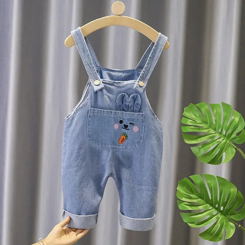 

Cartoon Children's Jumpsuits Baby Overalls Spring Autumn Boys Girls Overalls Cotton Solid Color Casual Style Denim Suspender