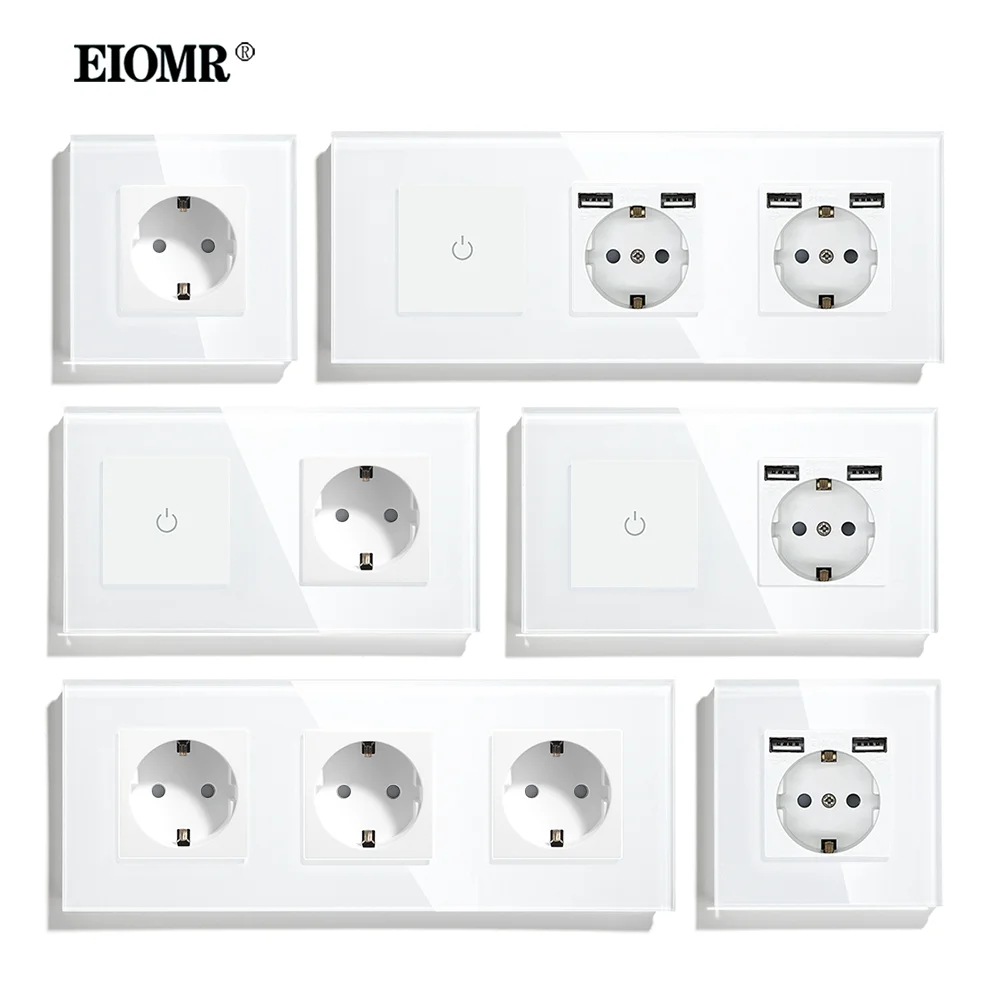 

EIOMR EU Standard Single Power Socket Crystal Panel Touch Switch 16A 250V USB Double Outlet Mounted Triple Quadruple Wall Socket