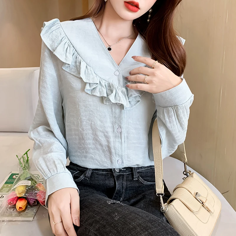 

Шифоновая женская блузка с V-образным вырезом, рубашка для девочек, летний модный топ с длинным рукавом, свободная повседневная женская одеж...