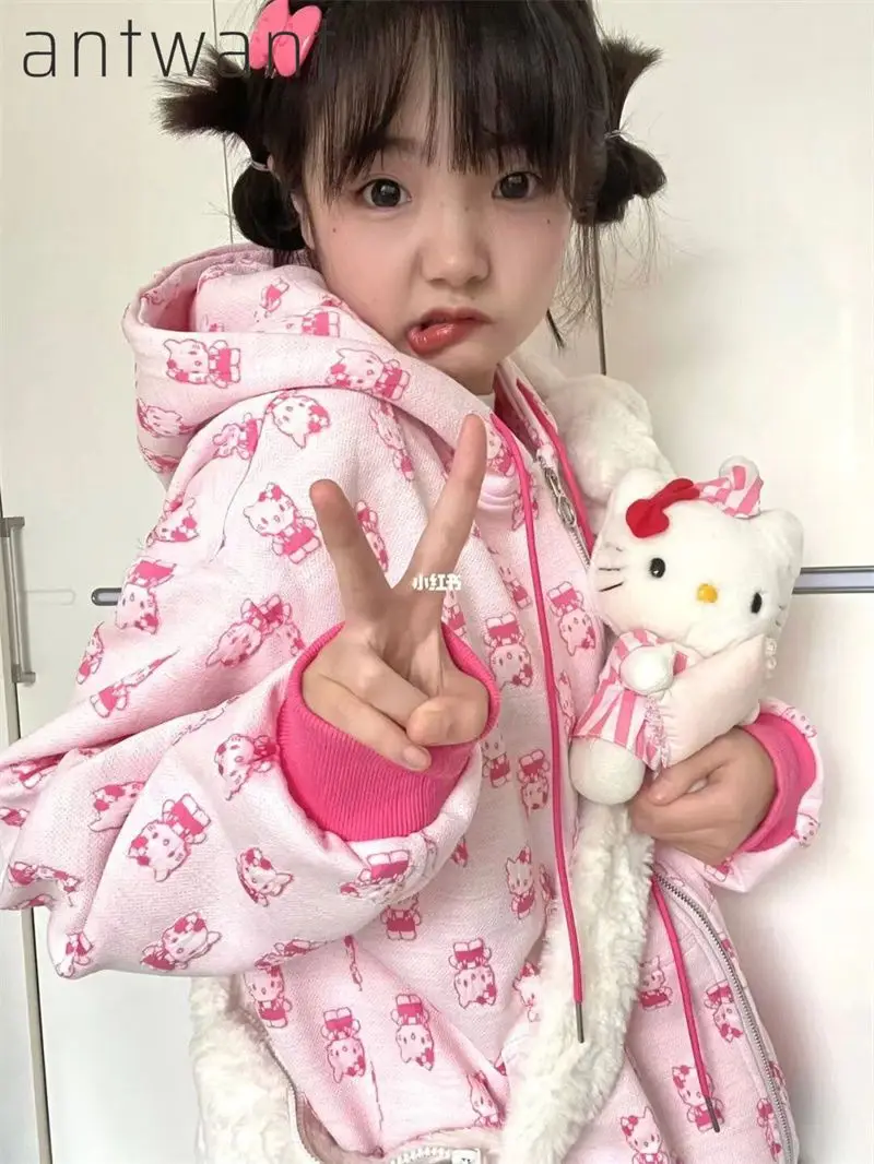 

Hello Kitty Cute Pajamas Anime Pure Cotton American Style Cute Kt Cat Padded Thickened Hood Loose Sanrio Comfortable and Warm