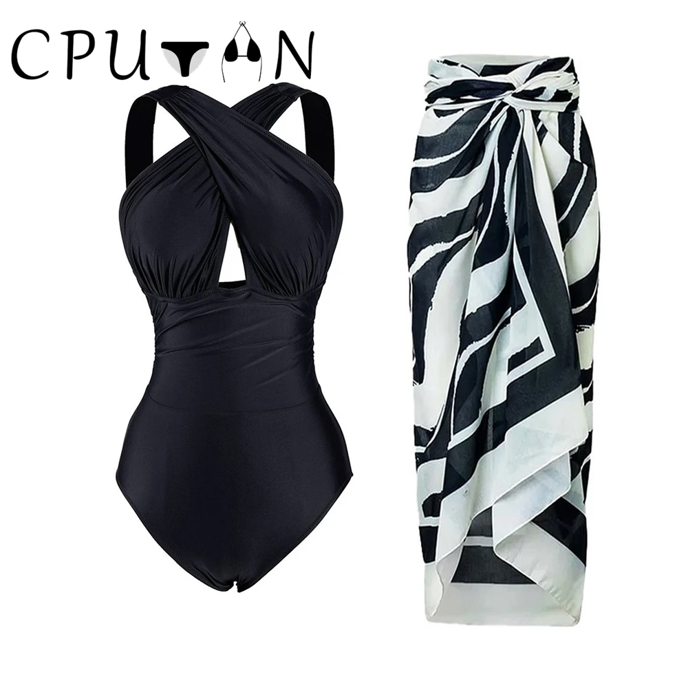 CPUTAN 2024 сексуальный цельный купальник с юбкой комплект бикини однотонный черный