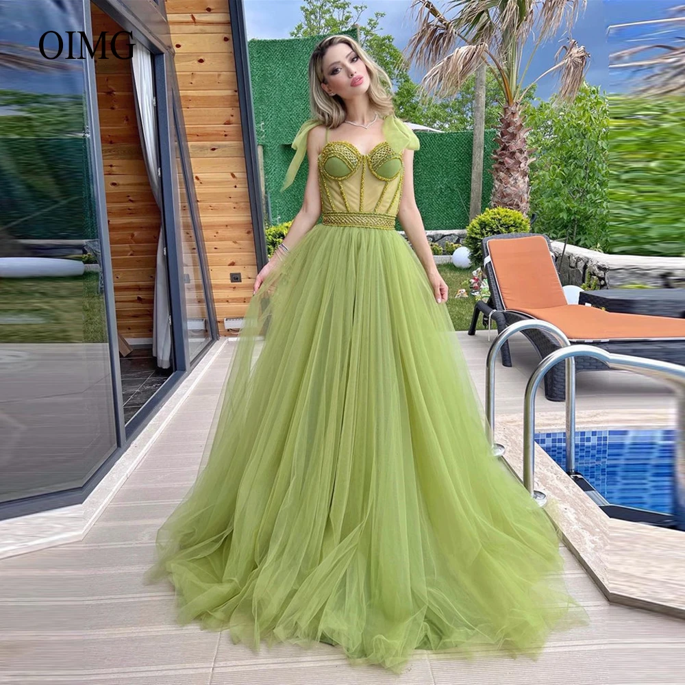 

Tulle Long Evening Dresses 2022 With Bow Spaghetti Straps Beads Sweetheart Prom Gowns Lace Up Back Pastrol Party Dress