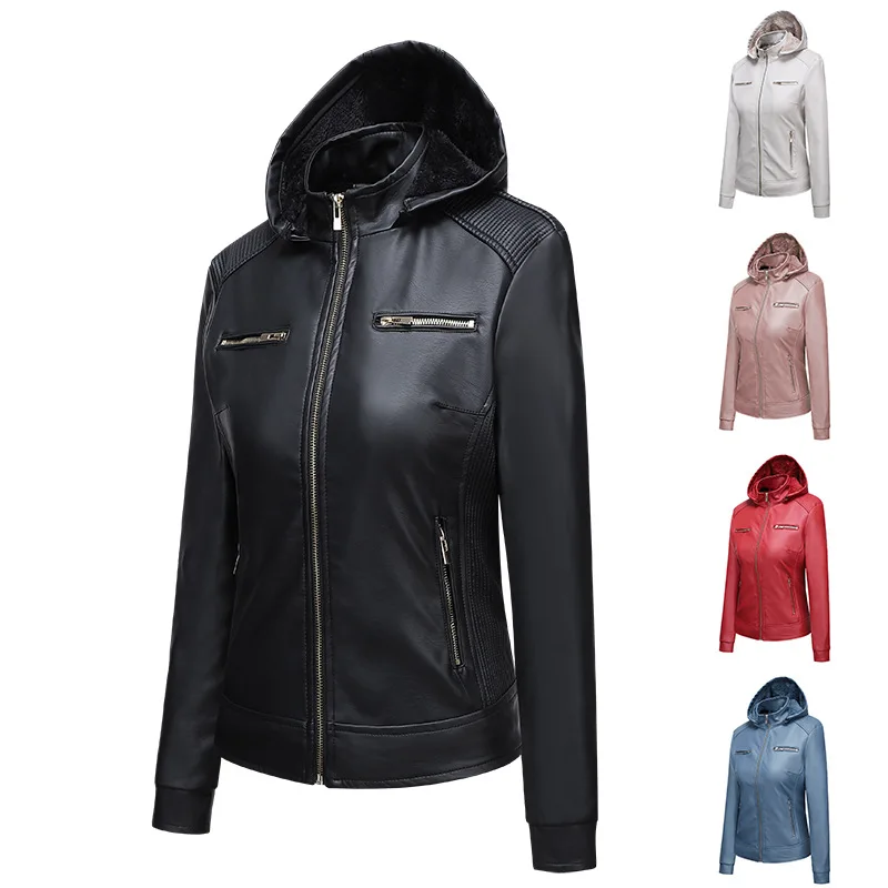 

Faux Leather Jacket Women Hoodies Winter Autumn Motorcycle Jacket Slim Outerwear Faux Leather PU Basic Jacket Coat V44
