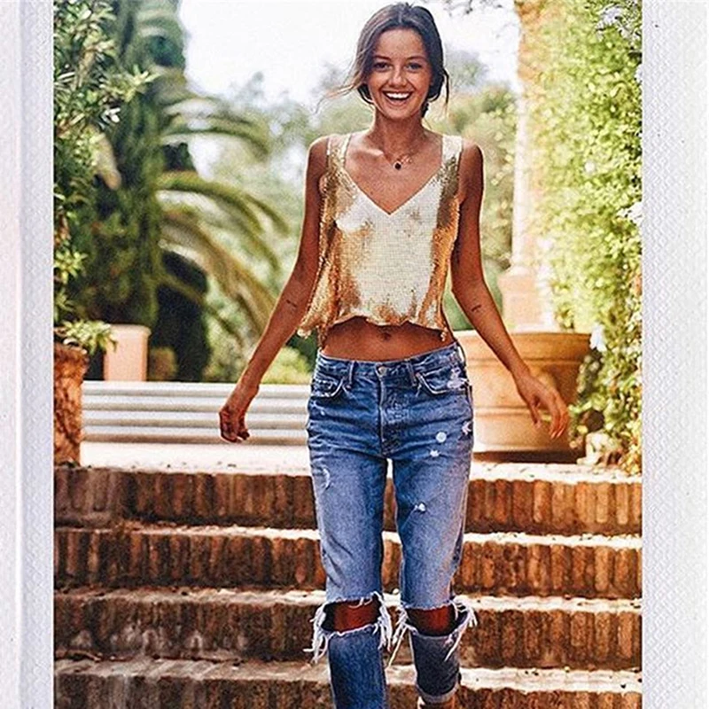 

Summer Women Tank Top 2022 Glitter Sequin Cropped Tops Female Sexy V Backless Camisole Night ClubCamis Party Sleeveless Vest