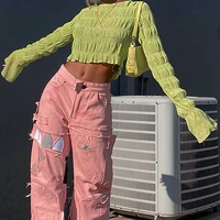 womens new korean style pleated round neck long sleeved belly button all match crop top women y2k aesthetic 2022 autumn
