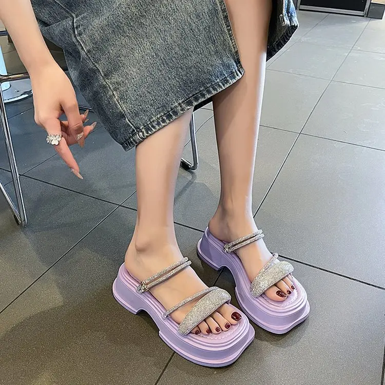 Rhinestone slippers women's summer outdoor wear 2023 new women's thick bottom casual beach sandals