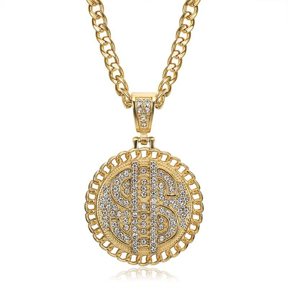 

Hip Hop Iced Out Dollar Signs Pendant Male Gold Color Stainless Steel Cuban Chain Necklace For Men Jewelry Dropshipping