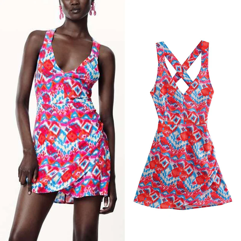 

Summer 2022 Women Print Strap Dress Sleeveless Backless Female Sweet Mini Dress Vestidos CD8552