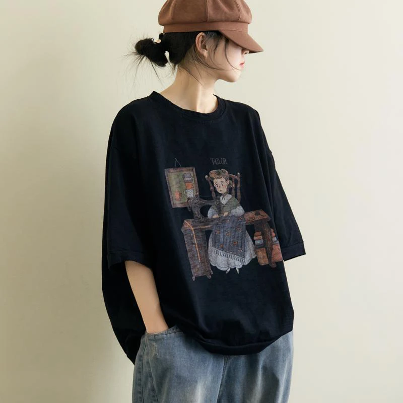 

Summer Arts Style Women Short Sleeve Loose T-shirt All-matched Casual Vintage Print Tee Shirt Femme cotton Tops Big Size M18