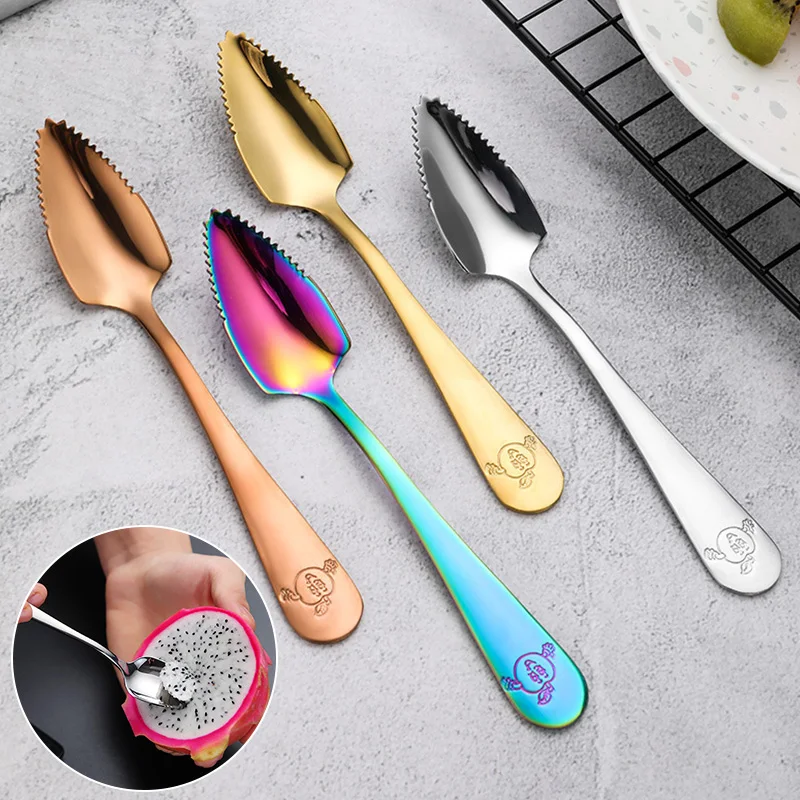 

Stainless Steel Serrated Spoon Grapefruit Apple Sawtooth Edge Long Handle Scraper Baby Food Fruit Puree Making Tool Kitchen Supp
